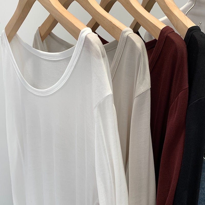 Wear Lyocell Skin-Friendly U-Collar Long-Sleeved Sunscreen Base Shirt Women'S Early Autumn Loose Slim T-Shirt - Image 3