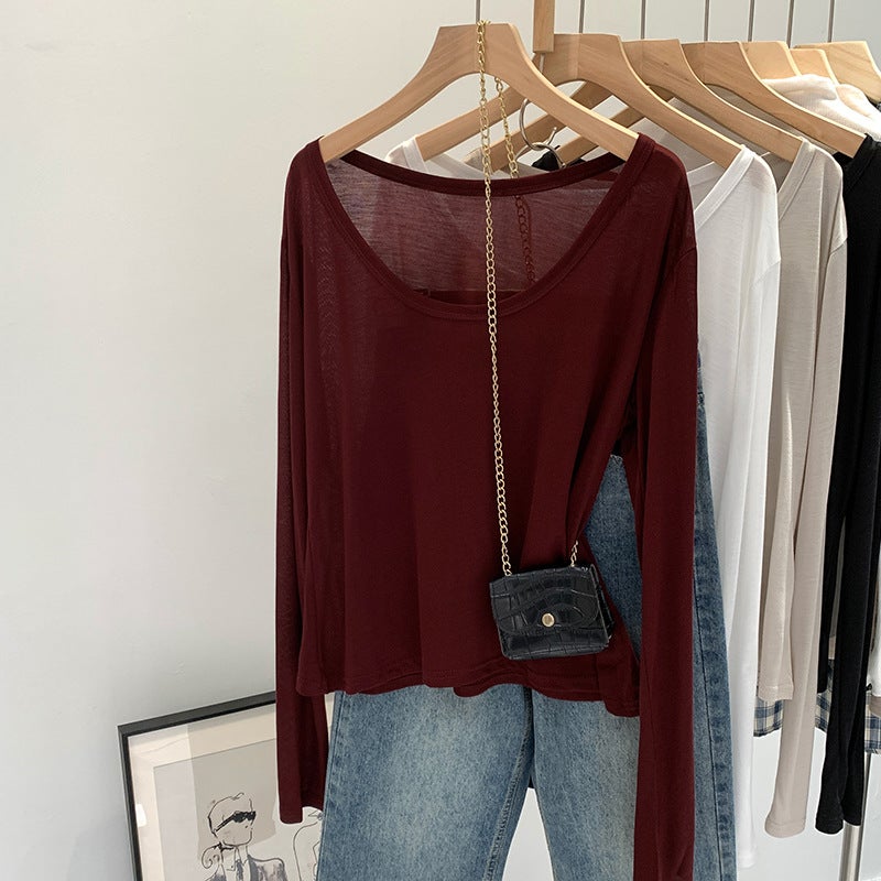 Wear Lyocell Skin-Friendly U-Collar Long-Sleeved Sunscreen Base Shirt Women'S Early Autumn Loose Slim T-Shirt - Image 1