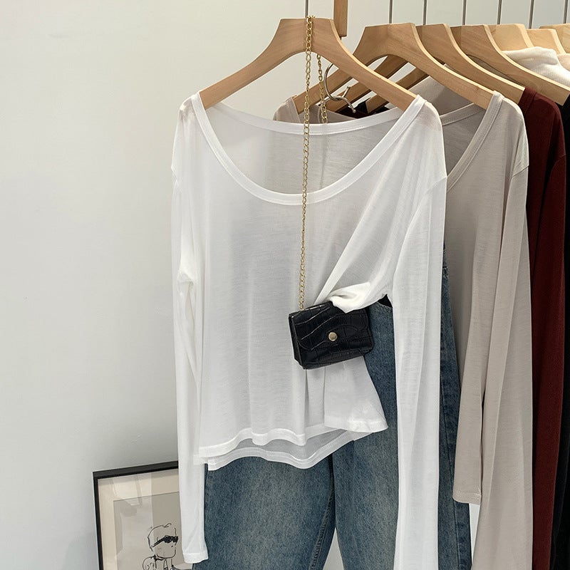 Wear Lyocell Skin-Friendly U-Collar Long-Sleeved Sunscreen Base Shirt Women'S Early Autumn Loose Slim T-Shirt - Image 2