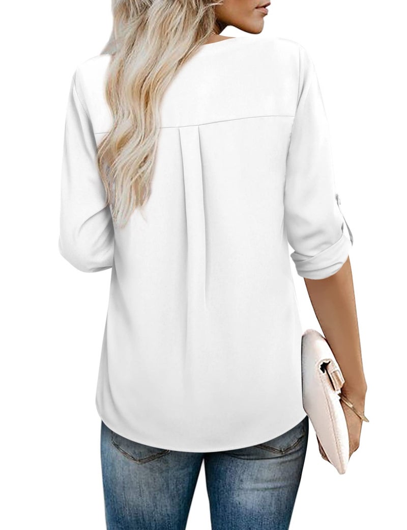 Youtalia Womens 3/4 Cuffed Sleeve Chiffon Printed V Neck Casual Blouse Shirt Tops (Medium, White) - Image 4