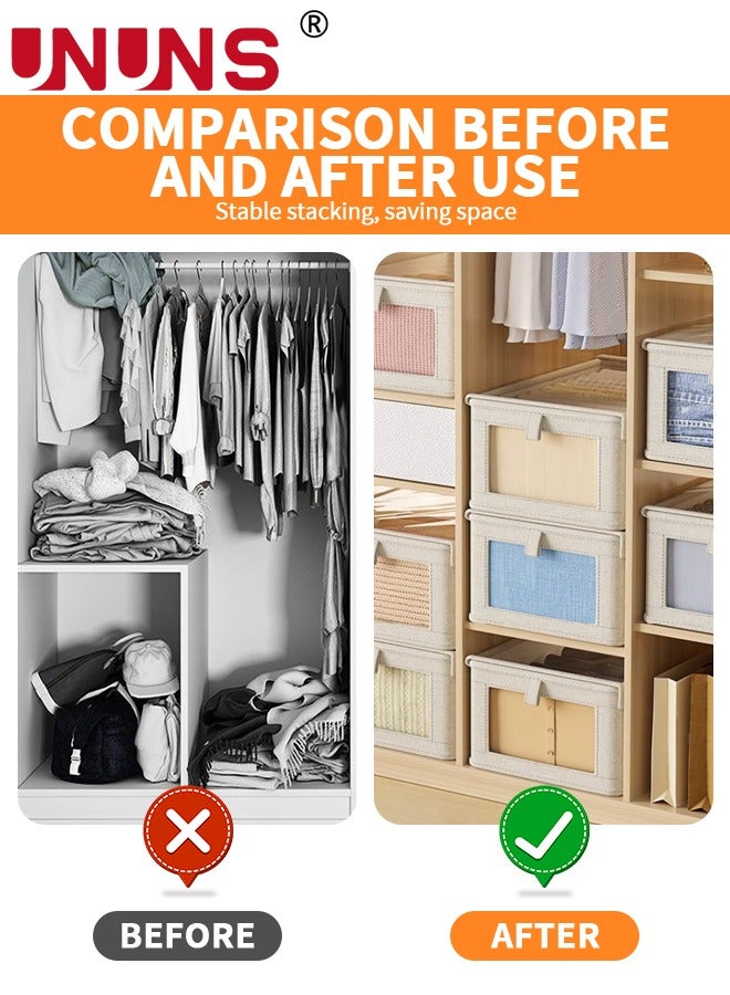 UNUNS 4 PCS Cotton and Linen Storage Boxes,Clothes Storage Boxes For Organizing Clothes,Toys,Books,Shelves,Wardrobe Storage Baskets,Large Storage Box Baskets With Handles,Visual Windows,40*25*20cm  - Image 2