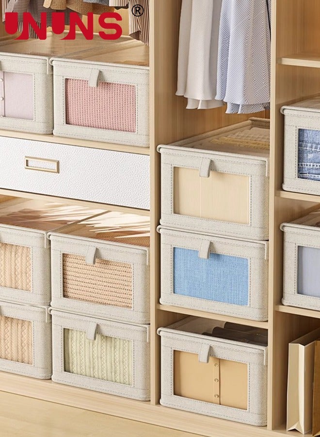 UNUNS 4 PCS Cotton and Linen Storage Boxes,Clothes Storage Boxes For Organizing Clothes,Toys,Books,Shelves,Wardrobe Storage Baskets,Large Storage Box Baskets With Handles,Visual Windows,40*25*20cm  - Image 3