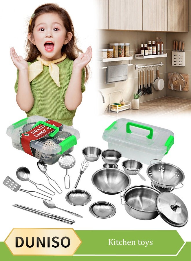 DUNISO 17Pcs Kids kitchen toy set, stainless steel  pot set, tiny size pretend cooking utensils toys, with carrying case, suitable for boys and girls - Image 1
