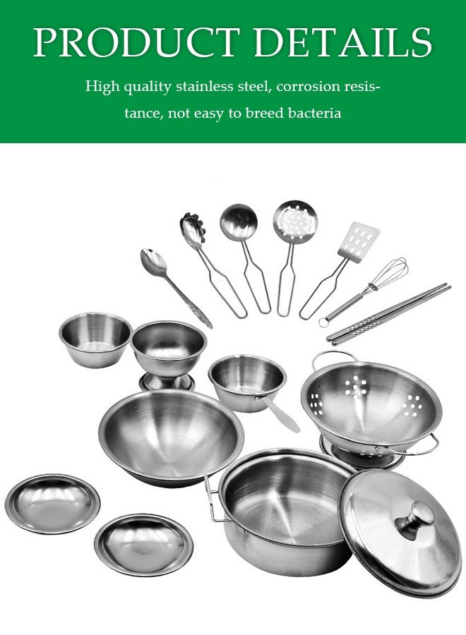 DUNISO 17Pcs Kids kitchen toy set, stainless steel  pot set, tiny size pretend cooking utensils toys, with carrying case, suitable for boys and girls - Image 3