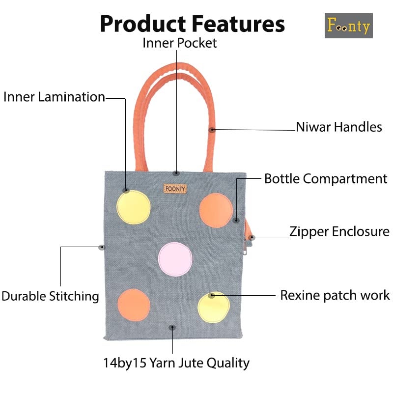 FOONTY Polka Popup Style Jute Lunch Bag Men And Women(Grey,Fsss1901C), 1000 milliliter - Image 3