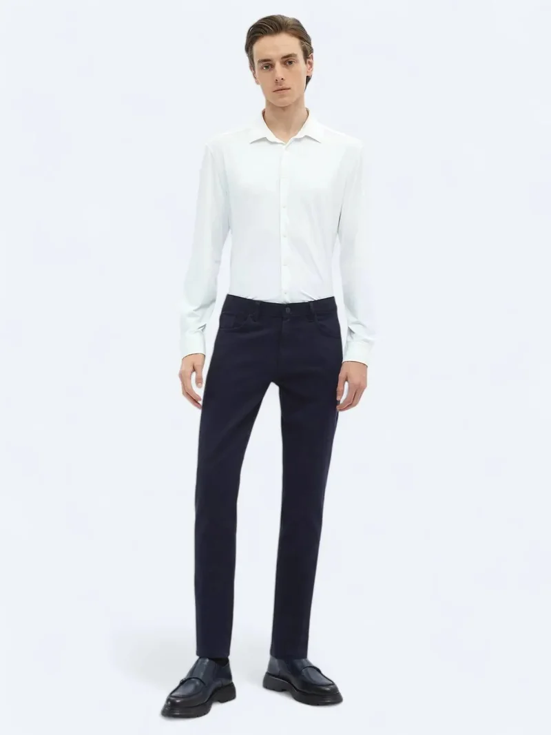 Kip Navy Blue Weaving Slim Fit Casual Cotton Blended Trousers