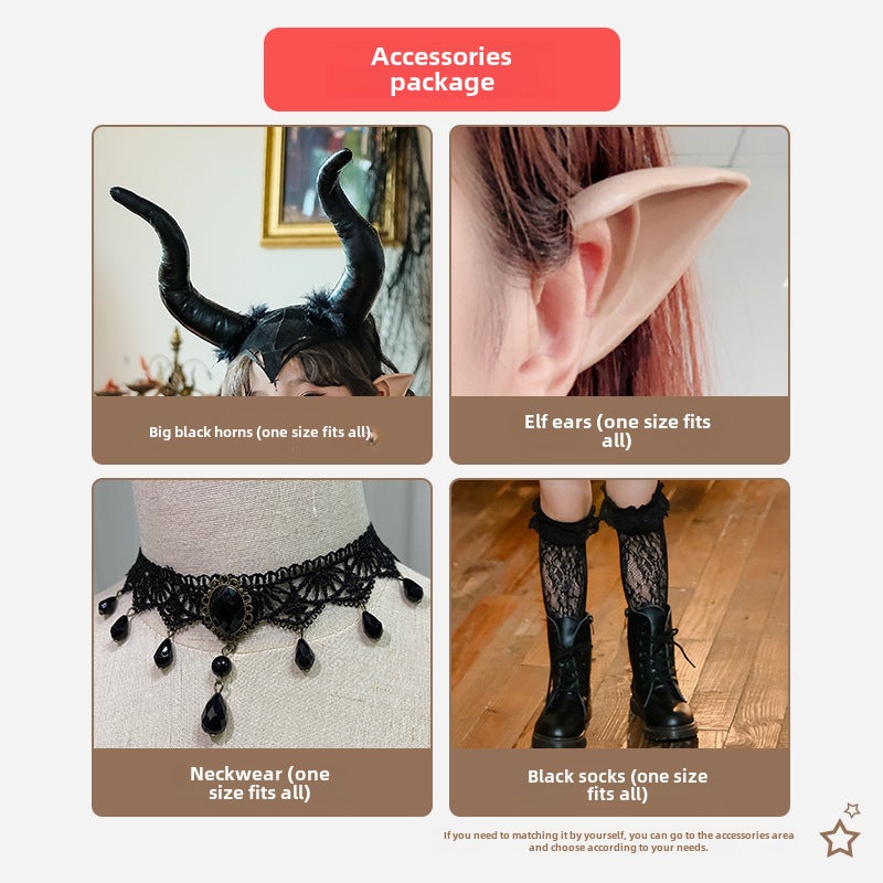 Kids Halloween Witch Cosplay Dress Vampire Accessories (Demon Headwear + Elf Ear + Necklace + Black Lace Stockings)