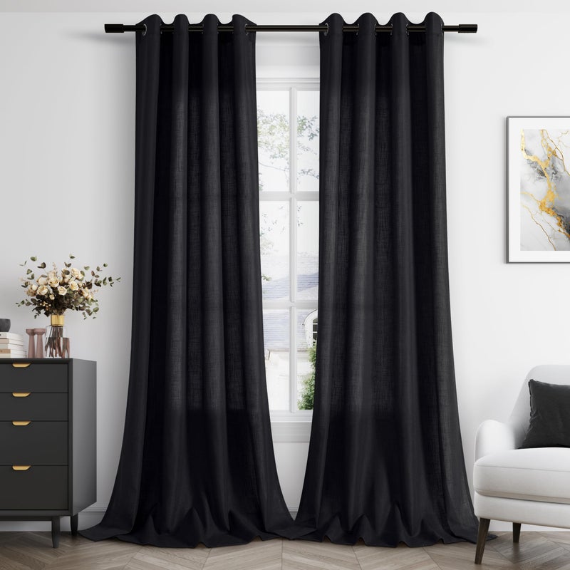 Jowels Black Linen Curtains 108 Inch Length 2 Panels for Living Room Bedroom  Light Filtering Sheer Curtains 108 Inches  Modern Grommet Privacy Semi Sheer Curtain 108 Inch  Black  52x108 - Image 2