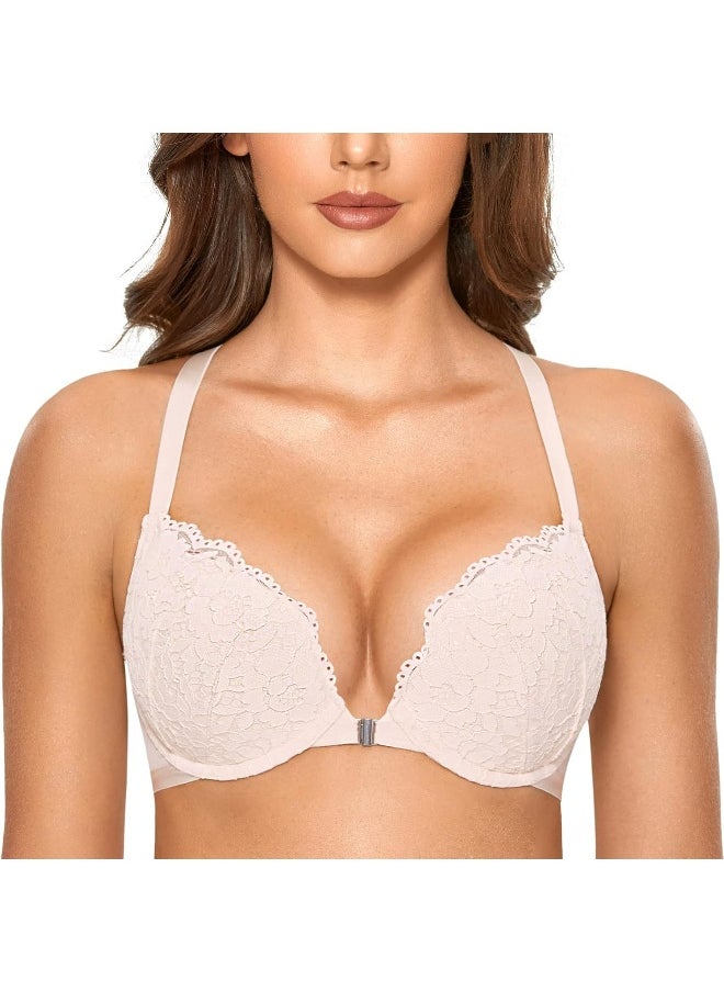 DOBREVA DOBREVA Women's Push Up Bra Racerback Front Closure Bras Lace Padded Underwire Plunge Floral  - Image 2