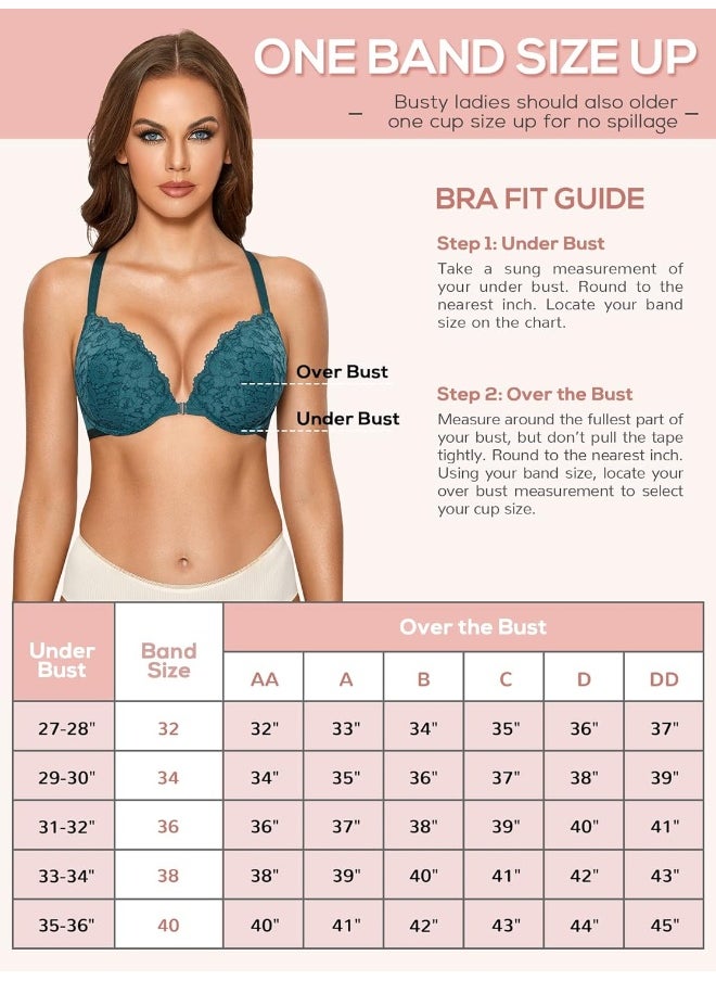 DOBREVA DOBREVA Women's Push Up Bra Racerback Front Closure Bras Lace Padded Underwire Plunge Floral  - Image 3