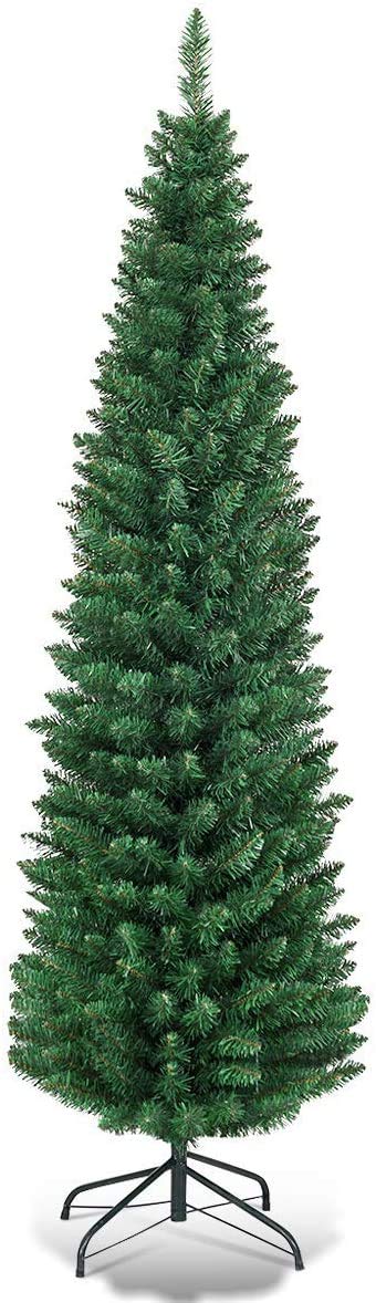 Giantex Giantex Green Artificial Pencil Christmas Premium Hinged Pine Tree with Solid Metal Legs Perfect for Home Shops and Holiday Decoration 5FT Artificial Pencil Christmas Tree 