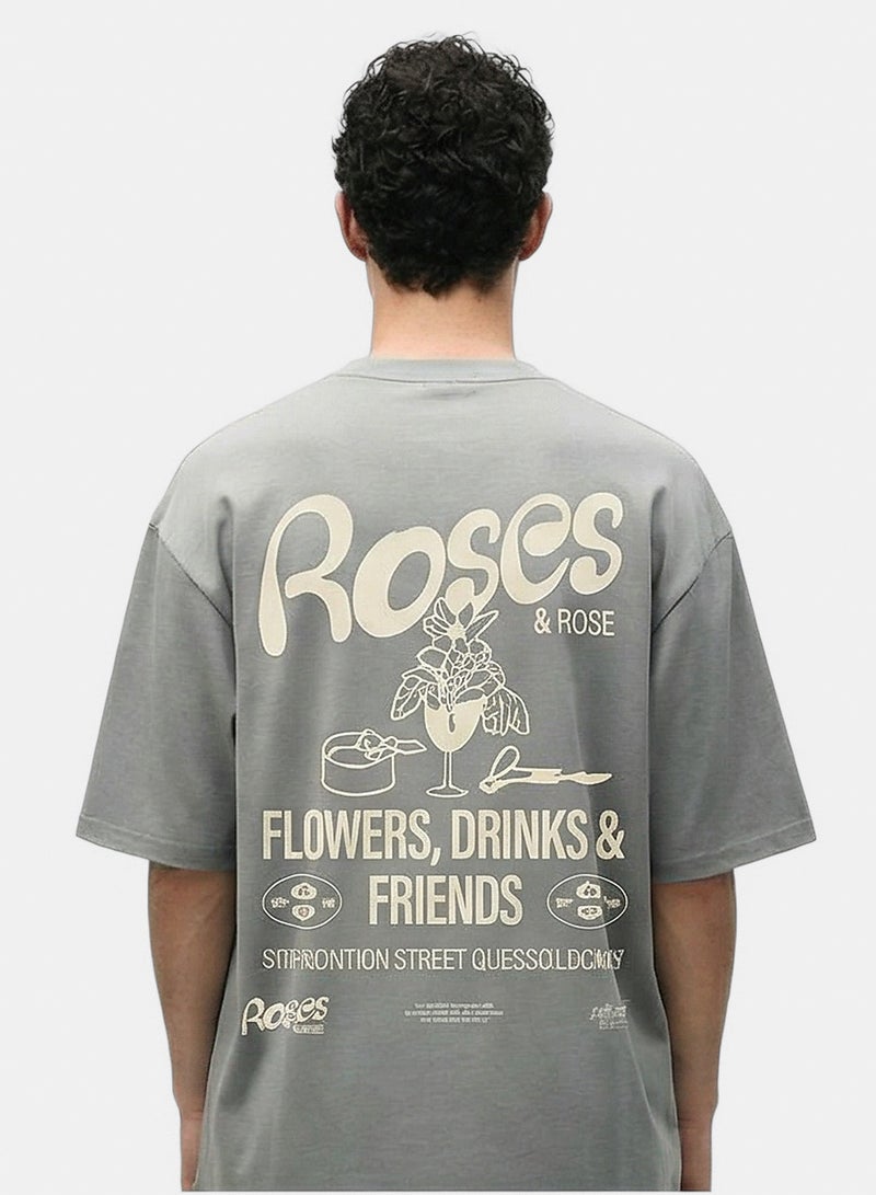 RAVIN Men Ravin Grey Roses & Friends Graphic Print Oversized T-Shirt - Image 2