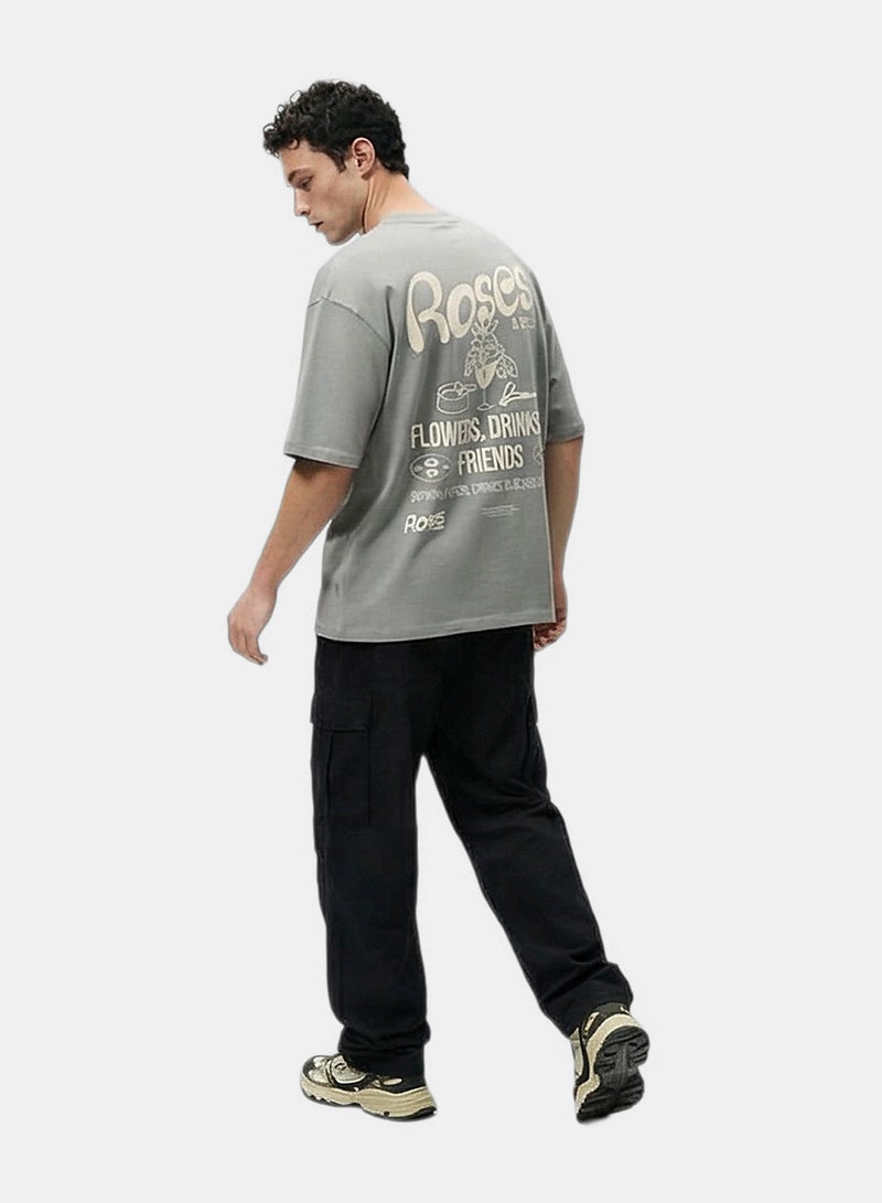 RAVIN Men Ravin Grey Roses & Friends Graphic Print Oversized T-Shirt - Image 4