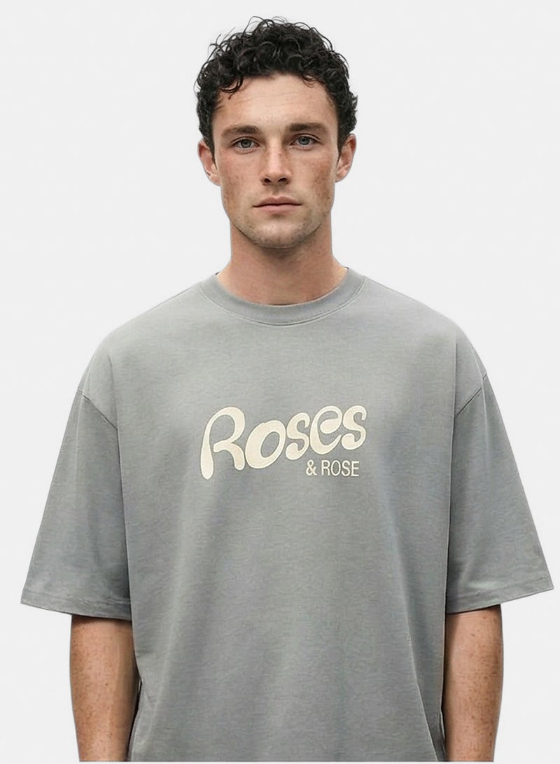RAVIN Men Ravin Grey Roses & Friends Graphic Print Oversized T-Shirt - Image 1