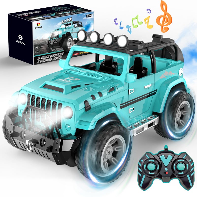 DEERC Remote Control Car with Fog Mist & Music, 1:16 Remote Control Truck for Boys, 2.4Ghz RC Car Toy with 2 Batteries, All Terrain SUV Gifts Crawler with Trailer Hitch - Image 1