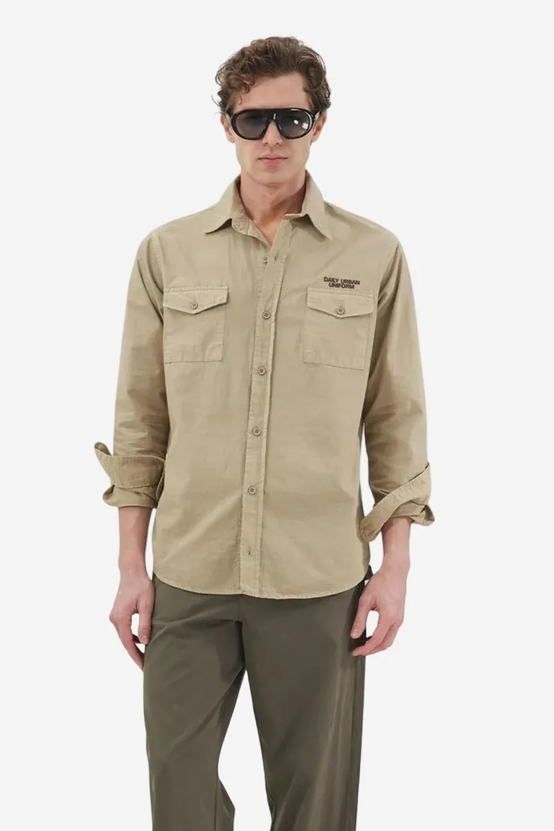 Giesto Beige Natural GIESTO Men's Cotton Poplin Long Sleeve Shirt for Men | Best Price UAE
