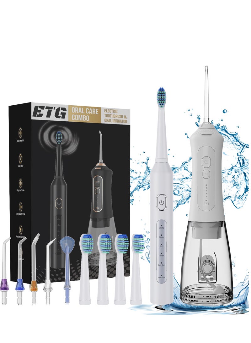 إي تي جي فرشاة الأسنان الكهربائية الصوتية والماء فلوسر كومبو - 5 أوضاع فلوسر المياه اللاسلكية مع خزان 300 مل ، 40-130 PSI الضغط ، بطارية 30 يومًا ، IPX7 مقاومة للماء للسفر والرعاية الفموية اليومية - Image 1