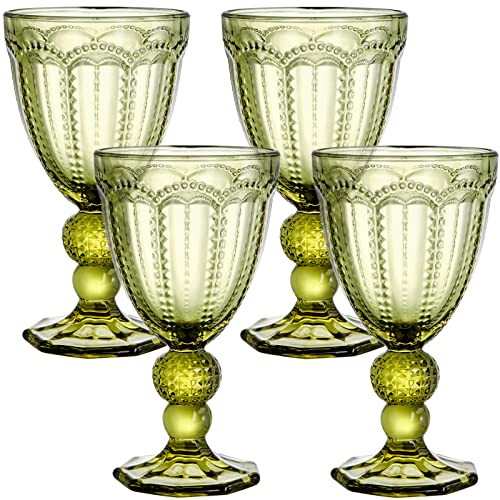 Elsjoy Set of 4 Vintage Green Wine Glass 85 Oz Embossed Glass Goblet Colored Stemmed Drinking Glassware Beverage Stemware for Juice Cocktail Party Wedding