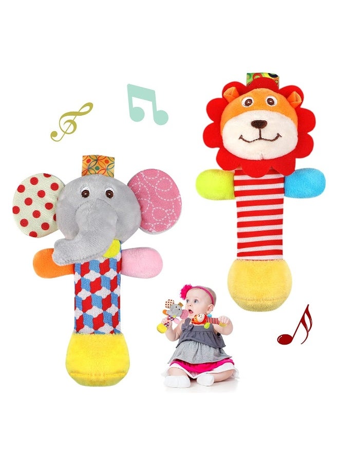 2PCS Soft Baby Rattles, Plush Animal Rattles Baby Sensory Toys Infant Sound Toys Interactive Plush Toys Early Development Rattles Infant Learning Toys for 0 3 6 Month Infant Gift (Elephant, Lion)  - Image 1