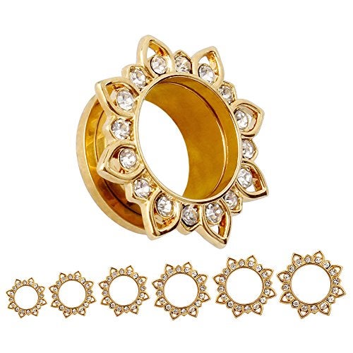 KUBOOZ Jewelry Gold Plated Flower Stainless Steel Crystal Gems Screw Back Ear Plugs Gauges Sold in Pairs 20mm - Image 2