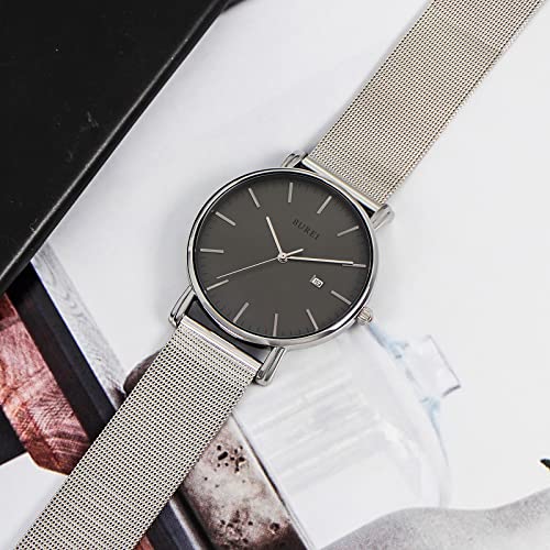 BUREI Men's Fashion Minimalist Wrist Watch Waterproof Watches Simple Ultra Thin Watches Analog Quartz Date with Stainless Steel Mesh Band (Gray Silver) - Image 4