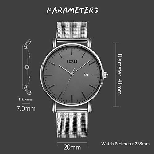 BUREI Men's Fashion Minimalist Wrist Watch Waterproof Watches Simple Ultra Thin Watches Analog Quartz Date with Stainless Steel Mesh Band (Gray Silver) - Image 3