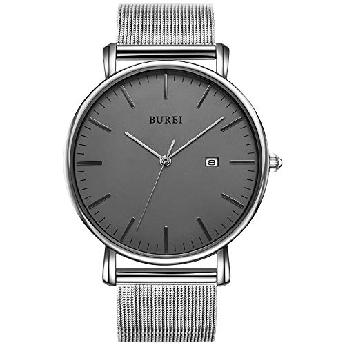 BUREI Men's Fashion Minimalist Wrist Watch Waterproof Watches Simple Ultra Thin Watches Analog Quartz Date with Stainless Steel Mesh Band (Gray Silver) - Image 1