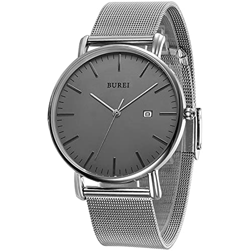 BUREI Men's Fashion Minimalist Wrist Watch Waterproof Watches Simple Ultra Thin Watches Analog Quartz Date with Stainless Steel Mesh Band (Gray Silver) - Image 2
