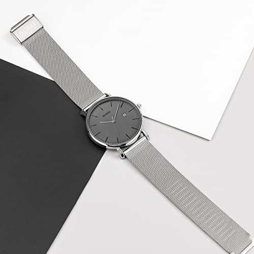 BUREI Men's Fashion Minimalist Wrist Watch Waterproof Watches Simple Ultra Thin Watches Analog Quartz Date with Stainless Steel Mesh Band (Gray Silver) - Image 5