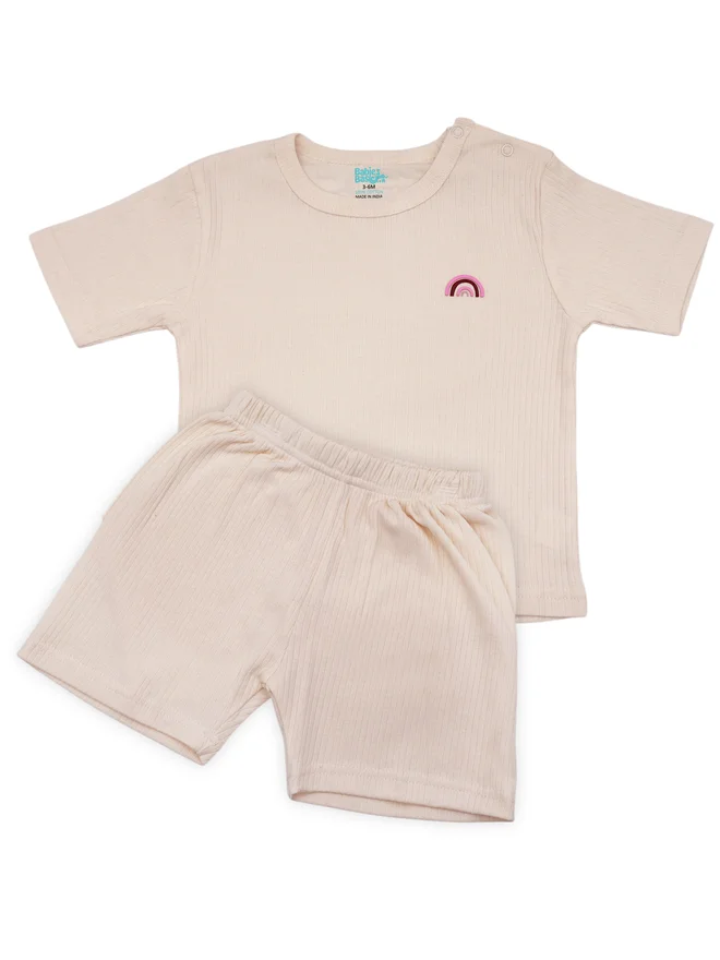 بابيز_بيسك Babies Basic Premium Ribbed Cotton Short Sleeves T-Shirt and Shorts Set