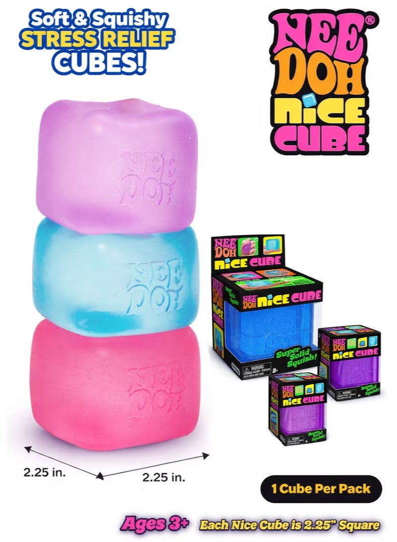 Needoh Nice Cube Squishy Stress Ball Fidget Toy, Chill Square Shape Sensory Toy (1 Pc, Pink/Purple/Blue) - Image 1