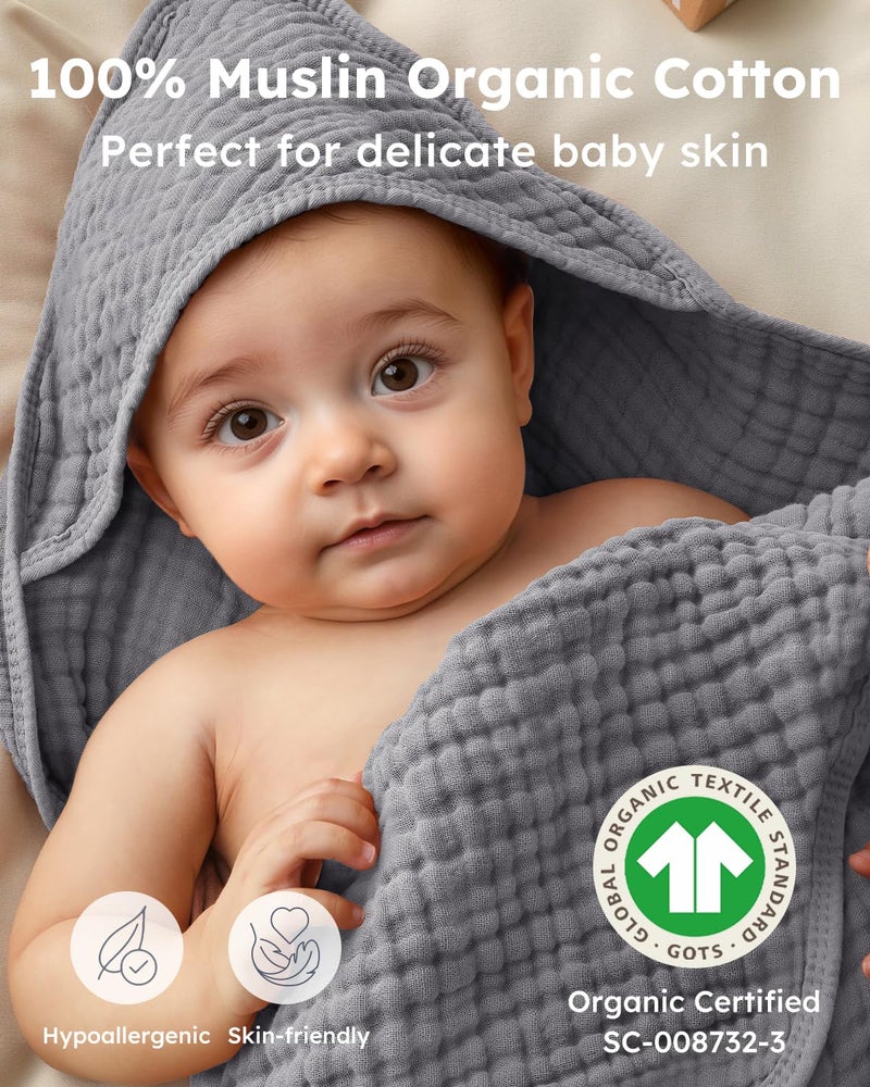 Yoofoss Hooded Baby Towels for Newborn 2 Pack 100% Muslin Organic Cotton Baby Bath Towel with Hood for Babies, Infant, Toddler and Kids, 32x32Inch, Soft and Absorbent Newborn Essential, Grey Planet - Image 2