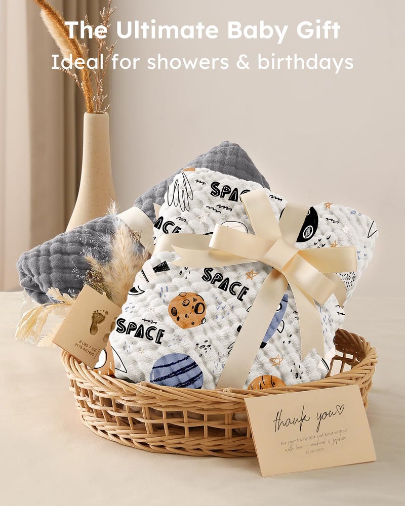 Yoofoss Hooded Baby Towels for Newborn 2 Pack 100% Muslin Organic Cotton Baby Bath Towel with Hood for Babies, Infant, Toddler and Kids, 32x32Inch, Soft and Absorbent Newborn Essential, Grey Planet - Image 5