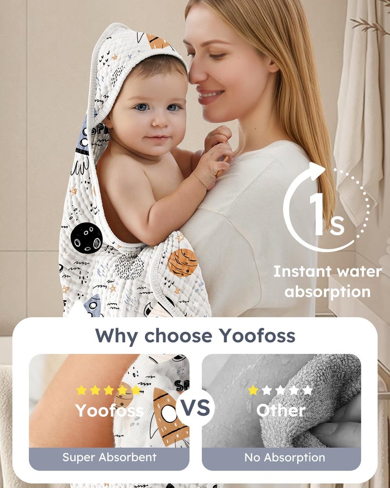 Yoofoss Hooded Baby Towels for Newborn 2 Pack 100% Muslin Organic Cotton Baby Bath Towel with Hood for Babies, Infant, Toddler and Kids, 32x32Inch, Soft and Absorbent Newborn Essential, Grey Planet - Image 3