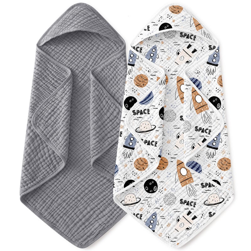 Yoofoss Hooded Baby Towels for Newborn 2 Pack 100% Muslin Organic Cotton Baby Bath Towel with Hood for Babies, Infant, Toddler and Kids, 32x32Inch, Soft and Absorbent Newborn Essential, Grey Planet - Image 1