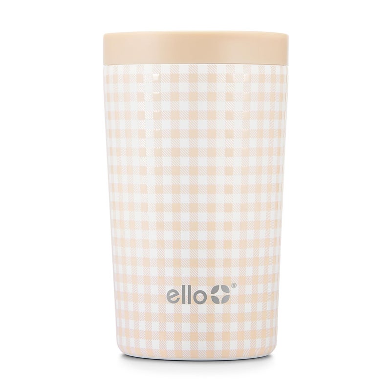 Ello Jones 11oz Insulated Stainless Steel Travel Mug with Leak-Proof Slider Lid, Single Serve Small Coffee Tumbler, Keeps Drinks Hot 3 Hours Cold 8 Hours, BPA-Free, Beige Gingham - Image 1