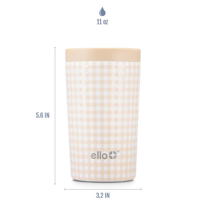 Ello Jones 11oz Insulated Stainless Steel Travel Mug with Leak-Proof Slider Lid, Single Serve Small Coffee Tumbler, Keeps Drinks Hot 3 Hours Cold 8 Hours, BPA-Free, Beige Gingham - Image 5