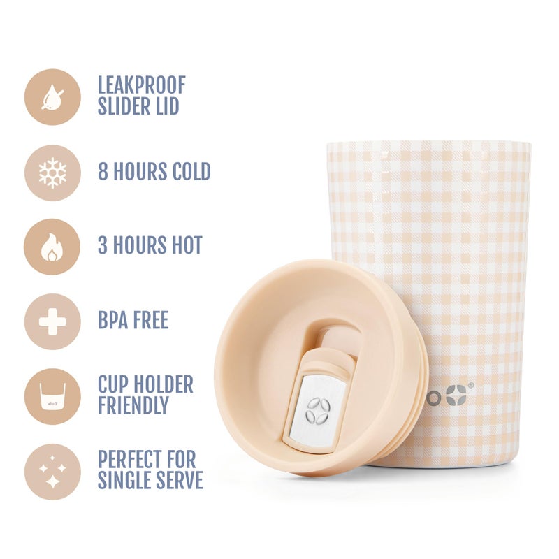Ello Jones 11oz Insulated Stainless Steel Travel Mug with Leak-Proof Slider Lid, Single Serve Small Coffee Tumbler, Keeps Drinks Hot 3 Hours Cold 8 Hours, BPA-Free, Beige Gingham - Image 3