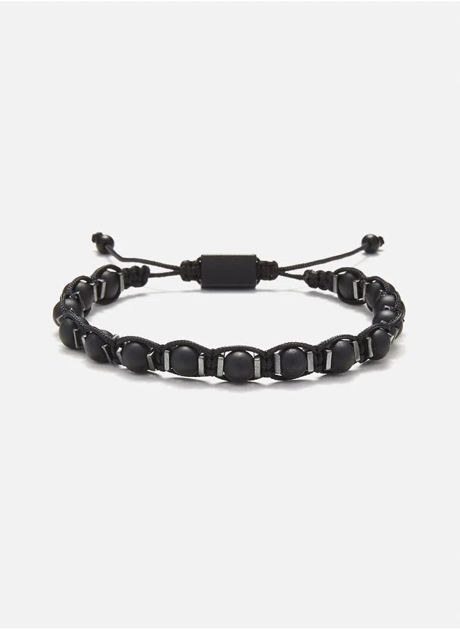 CHRYSOSTOMOS Handmade Adjustable Beaded Knitted Bracelet with Matte Black Onyx and Square Flat Hematite on Black Cord, Adjustable Macrame Tying