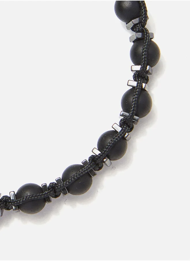 CHRYSOSTOMOS Handmade Adjustable Beaded Knitted Bracelet with Matte Black Onyx and Square Flat Hematite on Black Cord, Adjustable Macrame Tying