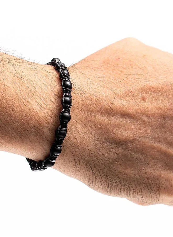 CHRYSOSTOMOS Handmade Adjustable Beaded Knitted Bracelet with Matte Black Onyx and Square Flat Hematite on Black Cord, Adjustable Macrame Tying