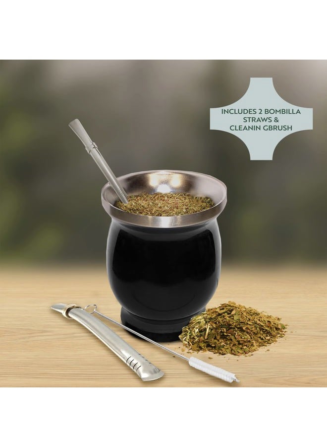 Norte Group Yerba Mate Natural Gourd/Tea Cup Set (Original Traditional Mate Cup - 8 Ounces) | Includes 2 Bombillas (Yerba Mate Straws to Use) & Cleaning Brush | Stainless Steel | Double-Walled - Image 2