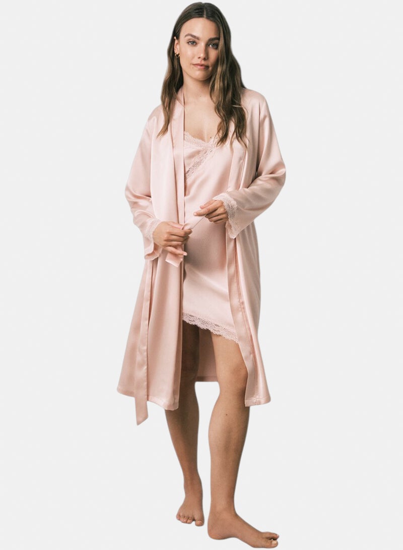 women'secret Satin midi robe with lace sleeves - Image 1