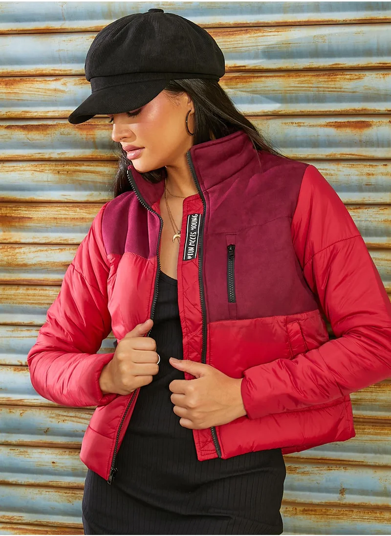 كامبوس سوترا Women's Candy Red Zip-Front Block Bomber Jacket
