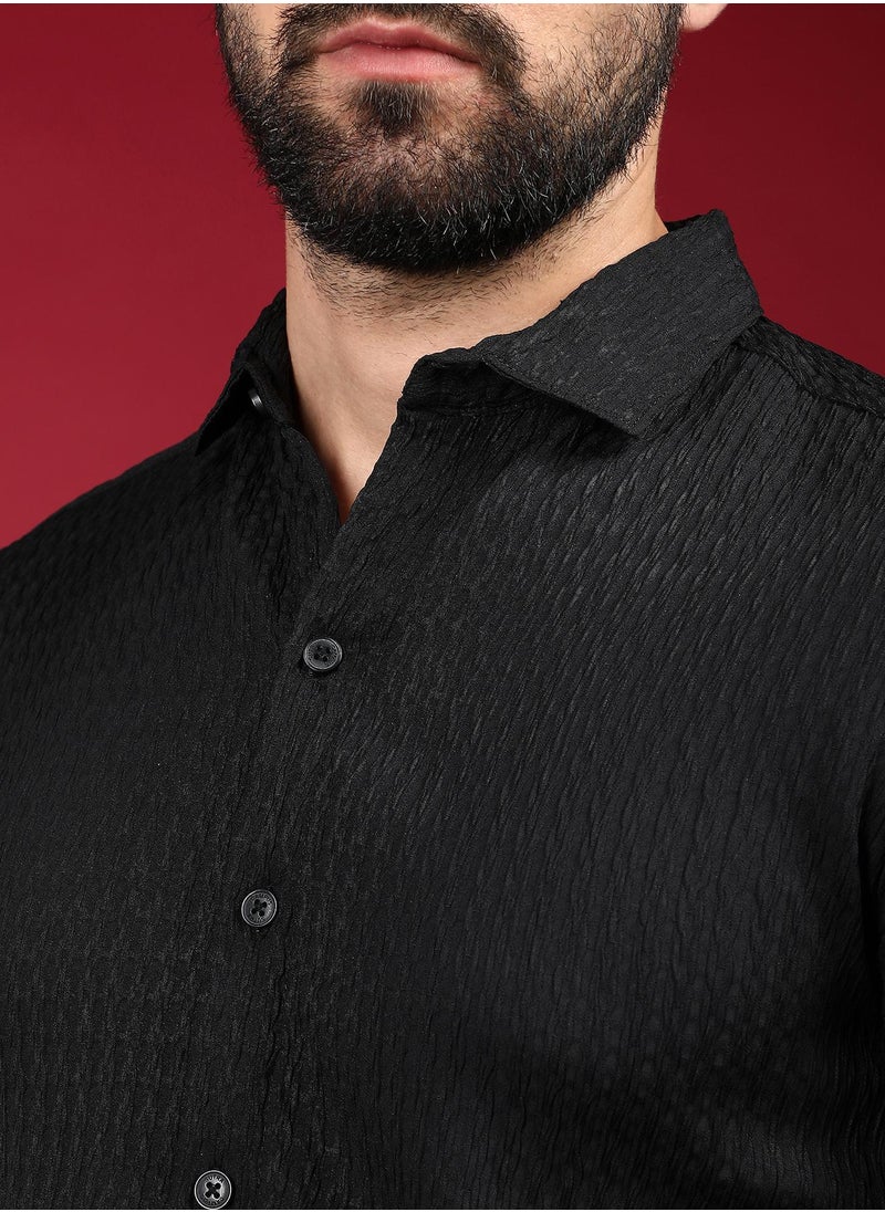 Campus Sutra - Men's Onyx Black Chain-Creased Shirt - Image 1