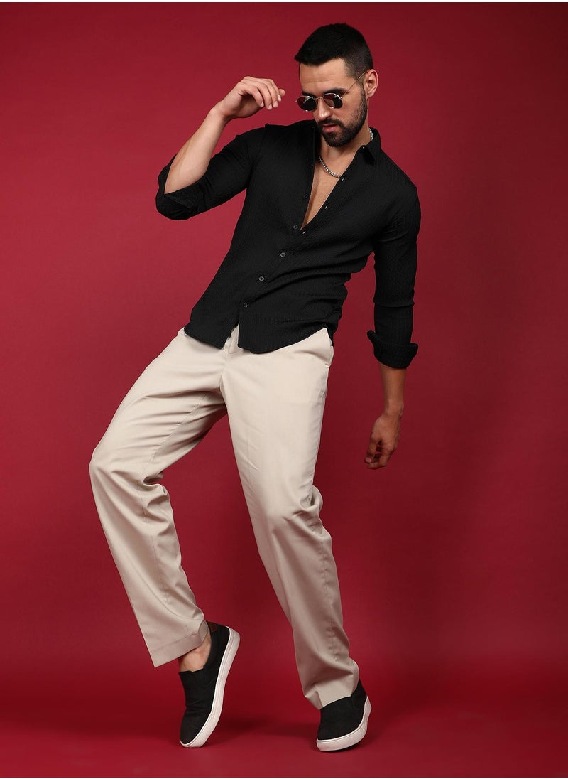 Campus Sutra - Men's Onyx Black Chain-Creased Shirt - Image 1