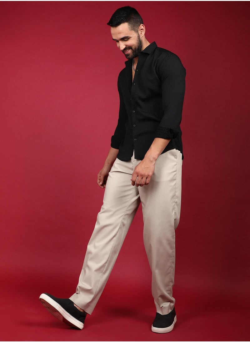 Campus Sutra - Men's Onyx Black Chain-Creased Shirt - Image 1