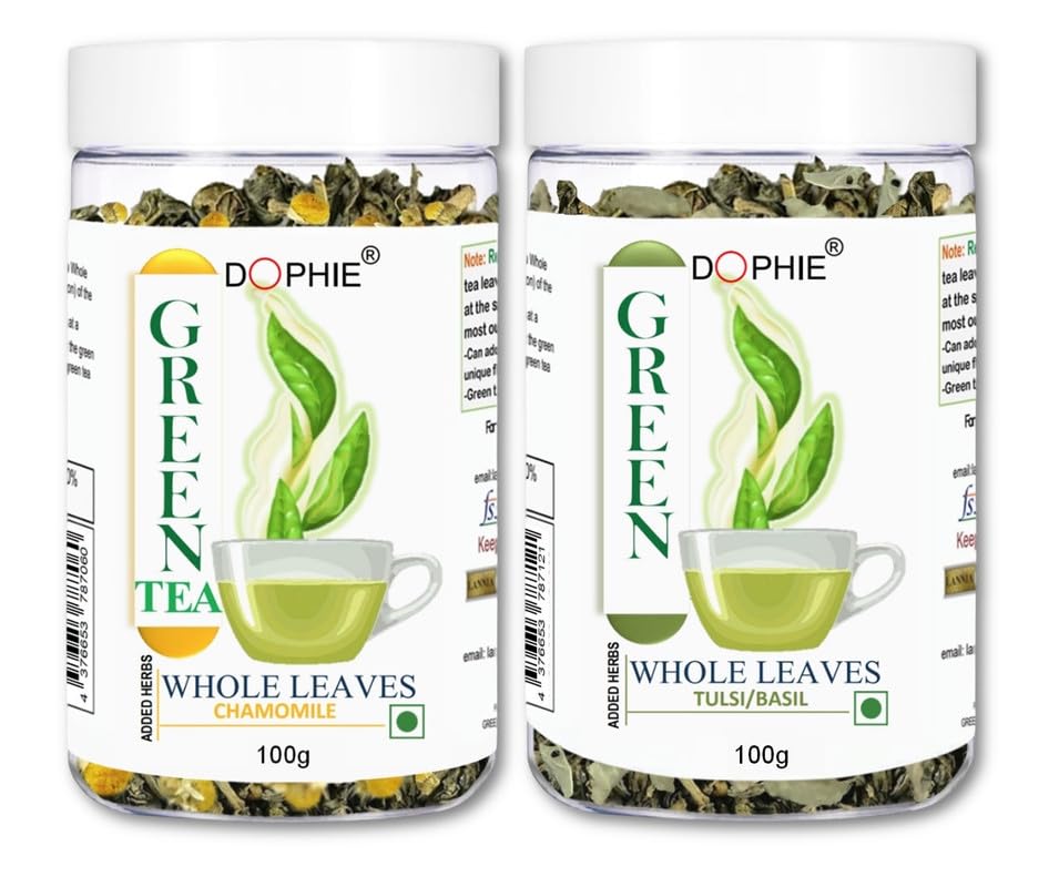 Dophie Chamomile green tea whole leaves-1, Tulsi green tea whole leaves-1 (COMPO PACK-2) Added herbs| Multiple infusion|l oose green tea| Less Bitter | Antioxidants(100 * 2)(200g)