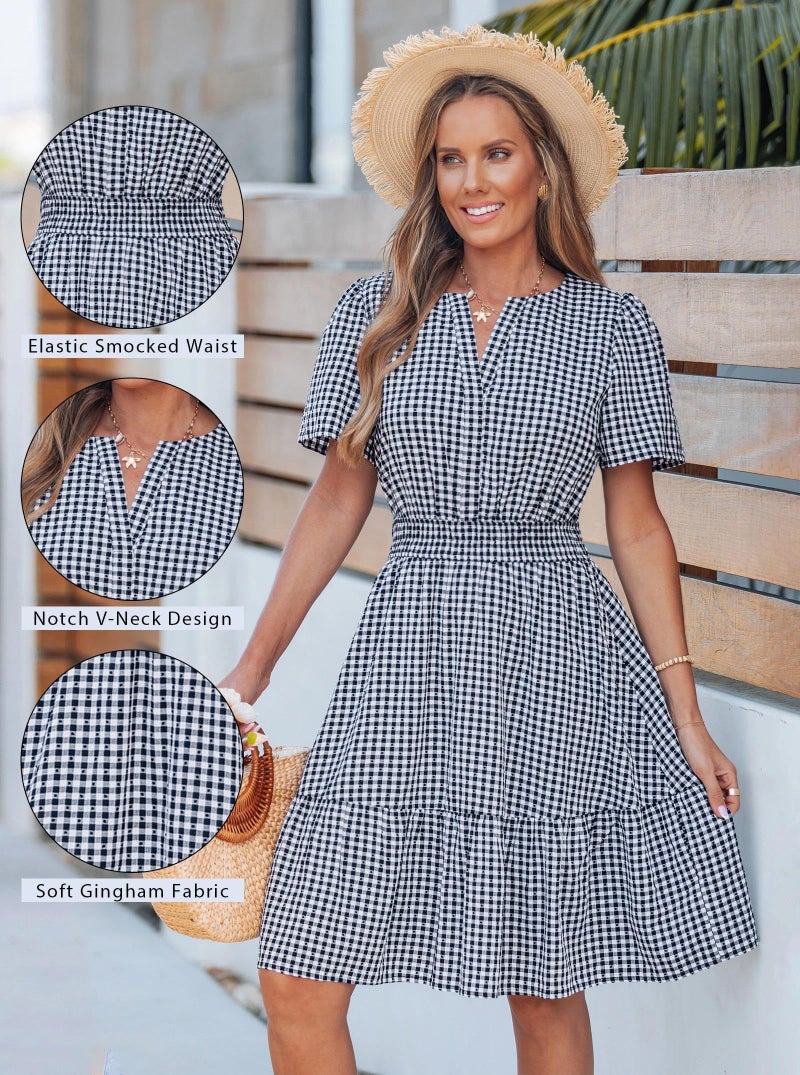 popvil Women Summer Mini Gingham Dress 2026 Spring A Line Casual Sun Dress Short Sleeve Beach Vacation Boho V Neck Short Dress Cocktail Party(Black,Medium) - Image 5