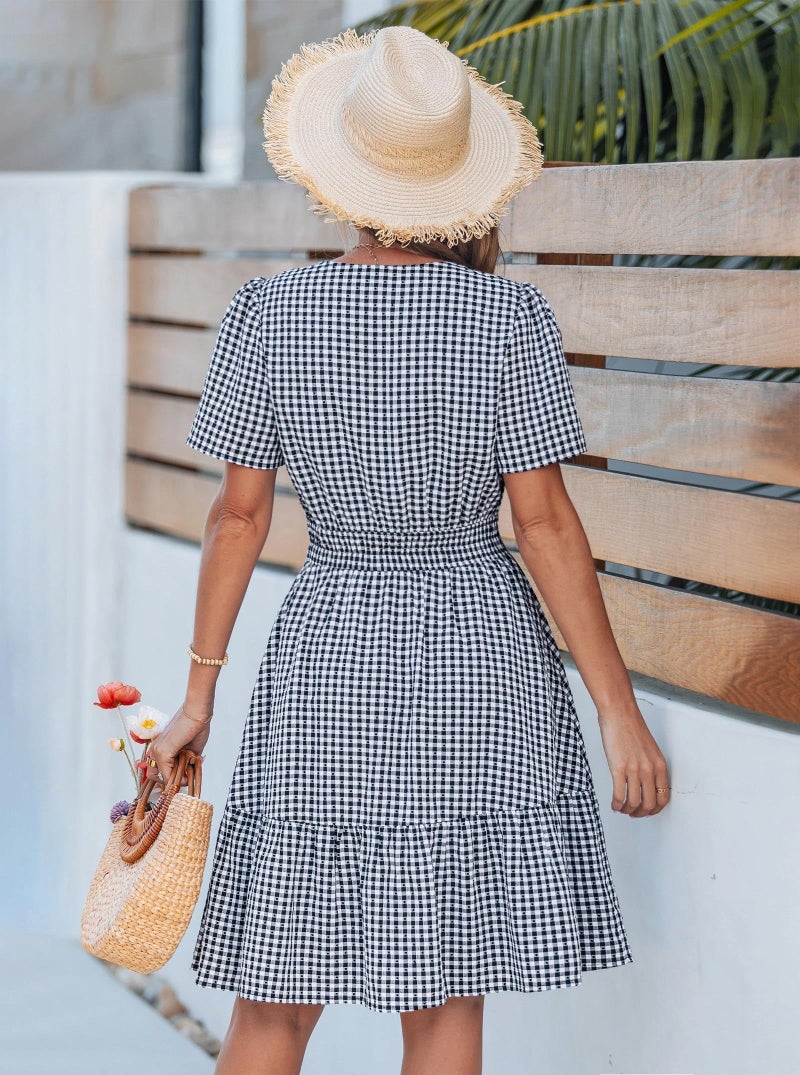 popvil Women Summer Mini Gingham Dress 2026 Spring A Line Casual Sun Dress Short Sleeve Beach Vacation Boho V Neck Short Dress Cocktail Party(Black,Medium) - Image 3